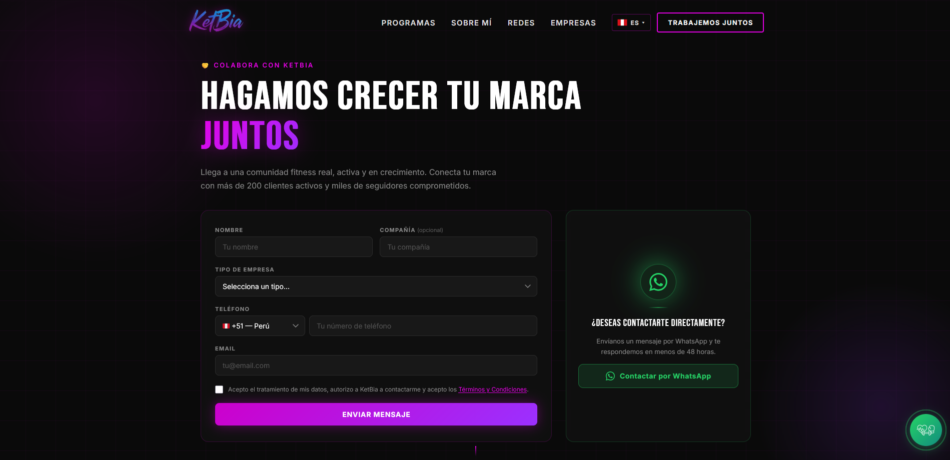 Sitio web de KetBia, plataforma de coaching e influencers, desarrollado por Cernext